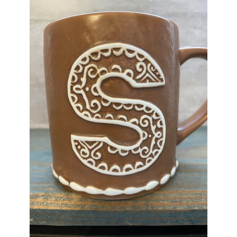 POTTERY BARN Gingerbread Mug Stoneware Alphabet Letter 'S’~ Brown 16 OZ